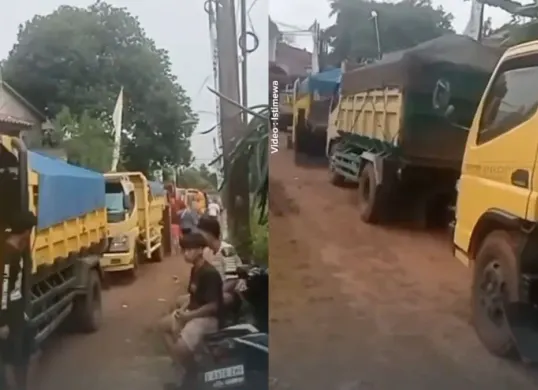 Warga blokade truk galian tanah di Bedahan, Depok. (Sumber: Instagram @depokupdateco)