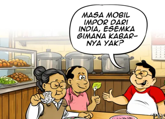 Ilustrasi obrolan warteg edisi Selasa, 24 Februari 2026 tentang wacana impor mobil dari India untuk kebutuhan Koperasi Desa Merah Putih. (Sumber: Poskota/ Arif Setiadi)