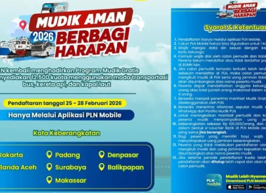 Program Mudik Gratis PLN 2026 resmi dibuka dengan pendaftaran online 25-28 Februari. (Sumber: Instagram/@pln_id)