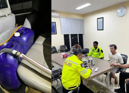 Aparat kepolisian menangkap seorang pria berinisial DP (23) karena diduga mengangkut bahan bakar minyak (BBM) jenis solar bersubsidi secara ilegal di Rest Area KM 21B Tol Jagorawi, Bogor, pada Minggu, 4 Januari 2026 malam. (Sumber: Dok. Polres Depok)