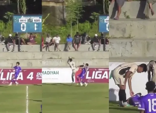 Video viral tendangan berbahaya pemain KAFI Jogja ke wajah pemain UAD FC di Liga 4. (Sumber: X/@gilabola_ina)