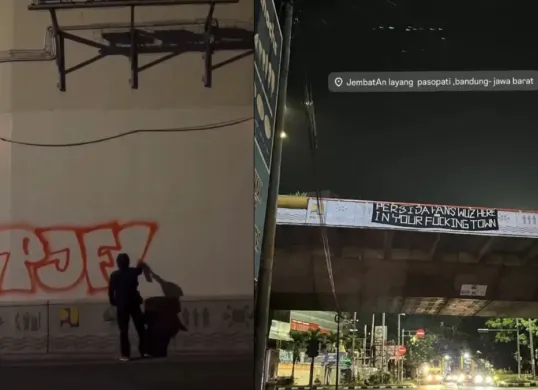 Coretan pilok dan spanduk provokatif di kawasan Jembatan Layang Pasupati, Bandung, jelang pertandingan Persib Bandung vs Persija Jakarta. (Sumber: X/@casualultraindo)