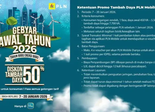 Gebyar Awal Tahun 2026 dari PLN, nikmati potongan setengah biaya tambah daya listrik. Periode terbatas 7-20 Januari. Pelajari langkah-langkah klaim dan tabel rincian tarif diskon. (Sumber: Instagram/@pln123_official)