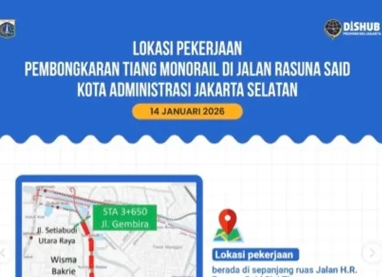 Rekayasa lalin di HR Rasuna Said Kuningan imbas proyek pembongkaran tiang monorel (Sumber: Instagram/@dishubdkijakarta)
