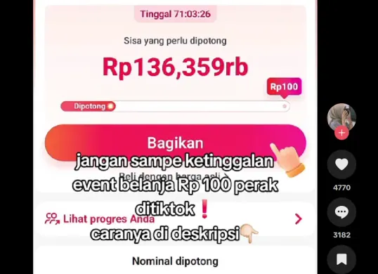 Tampilan fitur “Potong Harga 100 Perak” di TikTok Shop yang hanya muncul pada akun tertentu sesuai syarat dan ketentuan event. (Sumber: Tiktok/@racunbe.tesha)