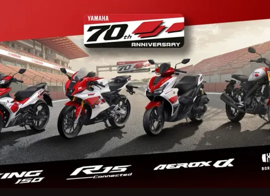 Yamaha merayakan ulang tahun ke-70 dengan menghadirkan livery spesial pada MX King 150, Aerox Alpha Turbo, R15M Connected/ABS, dan XSR 155. (Sumber: Yamaha)