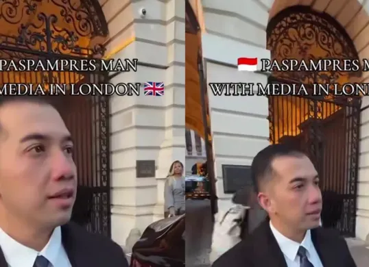 Seorang Paspampres kena semprot wartawan Inggris karena larang meliput Presiden Prabowo Subianto. (Sumber: Instagram/@ofnoleds)