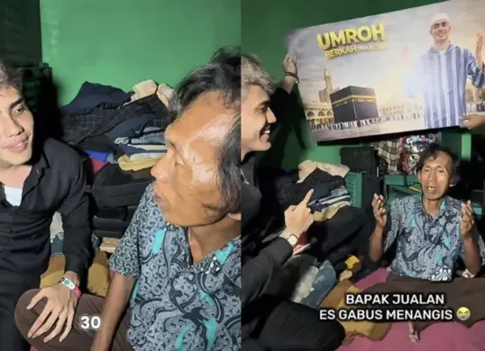 Aisar Khaleed memberikan hadiah umrah kepada Suderajat, pedagang es gabus yang viral usai dituduh gunakan spons. (Sumber: Instagram/@aisar_khaledd)