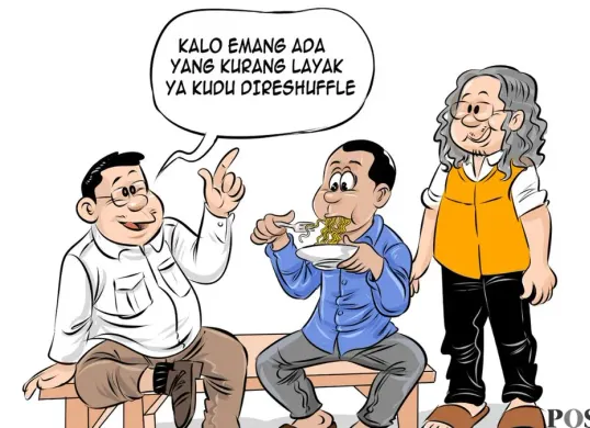 Obrolan warteg tentang isu reshuffle Kabinet Merah Putih. (Sumber: Poskota/Arif Setiadi)