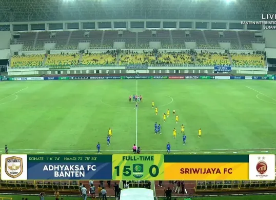 Hasil akhir saat Adhyaksa FC membungkam Sriwijaya FC dengan skor 15–0 di Stadion Banten International Stadium. (Sumber: X/@48bolaID)