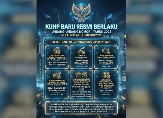 Infografik sosialisasi pemerintah mengenai pemberlakuan KUHP baru berdasarkan Undang-Undang Nomor 1 Tahun 2023 yang mulai efektif pada 2 Januari 2026. (Sumber: Instagram)