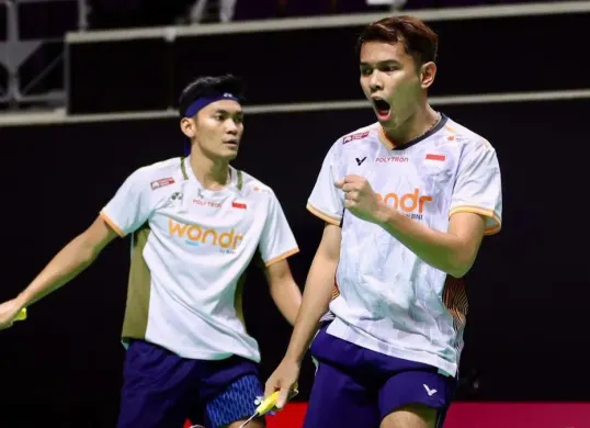 Pasangan ganda putra Indonesia, Fajar Alfian/Muhammad Shohibul Fikri di Singapore Open 2026. (Sumber: Dok. BNI)