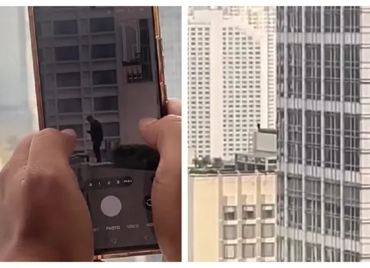 Tangkapan layar video viral yang memperlihatkan sosok pria berdiri di pinggir rooftop gedung tinggi di kawasan Jakarta Pusat saat aksi demonstrasi mahasiswa, pada Jumat, 12 Juni 2026. (Sumber: Threads/@gabriellaocv)