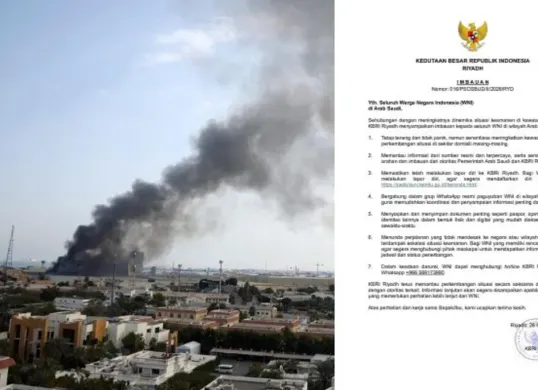 Ketegangan Timur Tengah meningkat usai serangan gabungan AS dan Israel ke Iran. KBRI Riyadh meminta WNI di wilayah Arab Saudi tetap waspada dan mengikuti 7 imbauan resmi keamanan. (Sumber: X/@kikomasta)