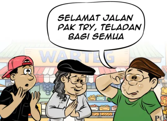 Ilustrasi Obrolan Warteg: Selamat Jalan Pak Try, Negarawan Bersahaja edisi Selasa, 3 Maret 2026. (Sumber: Poskota/ Arif Setiadi)