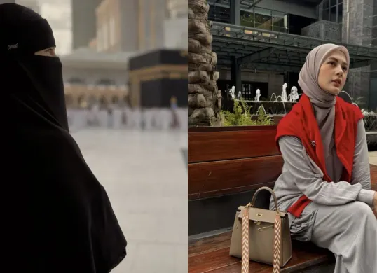 Paula Verhoeven tampil mengenakan busana muslimah bercadar saat menjalankan ibadah umrah di Mekkah dan membagikan refleksi spiritual menyentuh di depan Ka'bah. (Sumber: Instagram/@paula_verhoeven)