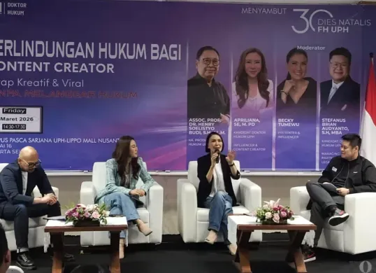Suasana seminar bertajuk "Perlindungan Hukum Bagi Content Creator, Tetap Kreatif & Viral Tanpa Takut Tersandung Hukum” di Pascasarjana UPH Semanggi, Jakarta Selatan Jumat, 6 Maret 2026. (Sumber: Poskota/Ali Mansur)