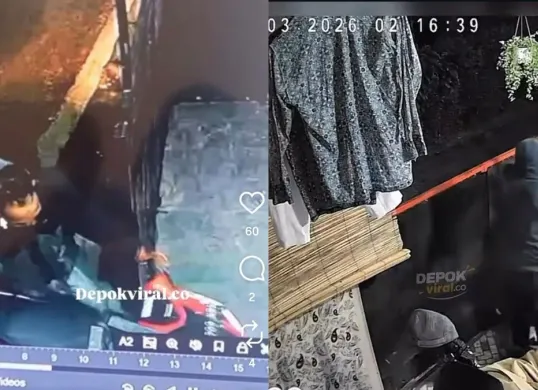 Pencuri menggunakan sweater kupluk hitam berhasil mencuri dua unit motor matik waktu hampir bersamaan di Bojongsari dan Beji Kota Depok. (Sumber: tangkapan layar/@depokviral.co)