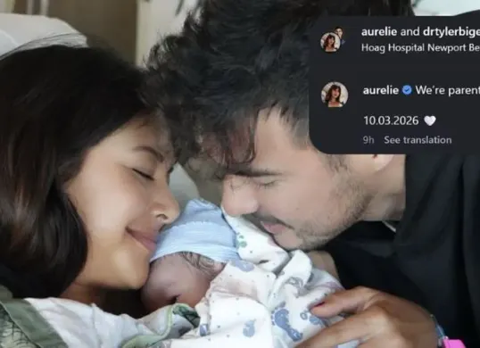 Aurelie Moeremans melahirkan bayi laki-laki pada 10 Maret 2026. Potret pertama bersama buah hati diunggah melalui Instagram. (Sumber: Instagram/@aurelie dan @drtylerbigenho)