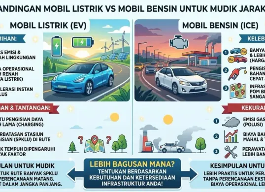Ilustrasi. Mobil listrik atau bensin untuk perjalanan jauh atau mudik. (Sumber: Generated AI)