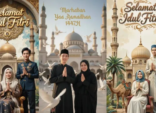 Ilustrasi kartu ucapan Selamat Hari Raya Idul Fitri 1447 H yang dibuat menggunakan teknologi AI dengan berbagai gaya desain kreatif. (Sumber: Gemini AI)