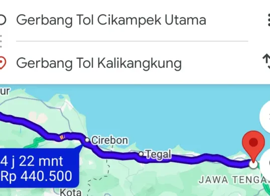 Cara cek tarif tol mudik Lebaran 2026 di Google Maps. (Sumber: Tangkapan Layar)