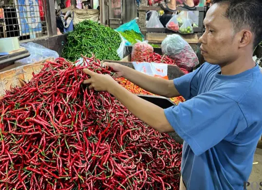 Sodiq penjual cabe di Pasar Senen, Jakarta Pusat, Minggu, 29 Maret 2026. (Sumber: Poskota/M. Tegar Jihad).)
