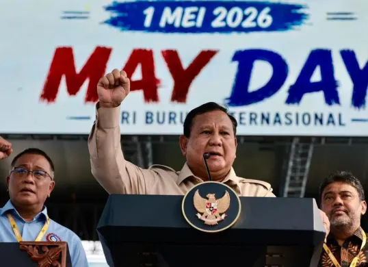 Presiden Prabowo Subianto saat memberikan sambutan peringatan Hari Buruh Internasional 2026 atau May Day di kawasan Monas, Jakarta, Jumat, 1 Mei 2026. (Sumber: Dok. Sekretariat Presiden)
