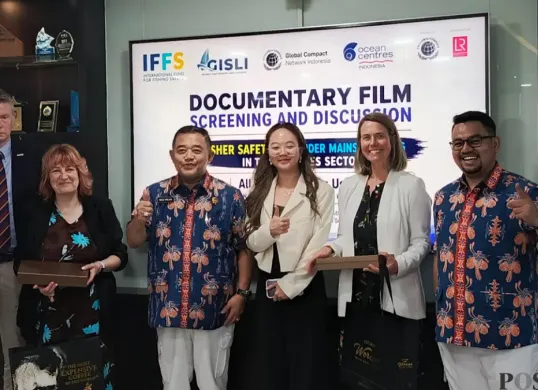 Penayangan film dokumenter dan diskusi tentang keselamatan nelayan di berbagai belahan dunia, di Gedung Kementerian Kelautan dan Perikanan (KKP), Gambir, Jakarta Pusat, Selasa, 5 Mei 2026. (Sumber: Poskota/Ali Mansur)