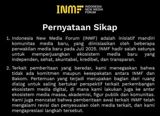 Indonesia New Media Forum (INMF) mendadak menjadi sorotan usai sejumlah media digital dan akun media sosial disebut tergabung dalam forum itu. (Sumber: Instagram/@inmfd.id)