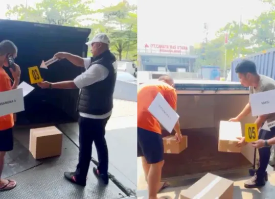 Penyidik saat melakukan rekonstruksi kasus pencurian tas Lululemon di gudang kargo Bandara Soetta. (Sumber: Istimewa)