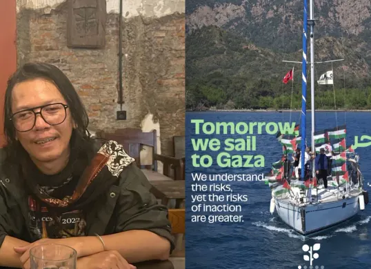 Jurnalis Republika Bambang Noroyono diculik tentara Zionis Israel saat berlayar untuk misi kemanusiaan bersama Global Sumud Flotilla (GSF) di perairan internasional. (Sumber: Istimewa)