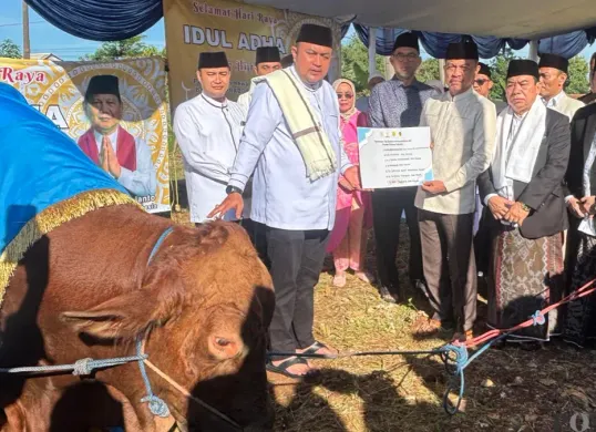 Penyerahan sapi bantuan Presiden oleh Bupati Bogor Rudy Susmanto kepada ketua DKM Masjid Nurul Wathon, Rabu 27 Mei 2026. (Sumber: Poskota/Giffar Rivana)