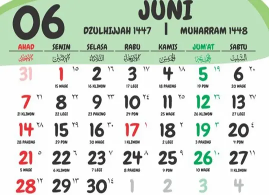 Kalender Juni 2026. (Sumber: Pinterest/Tukang Setting Bangkalan)
