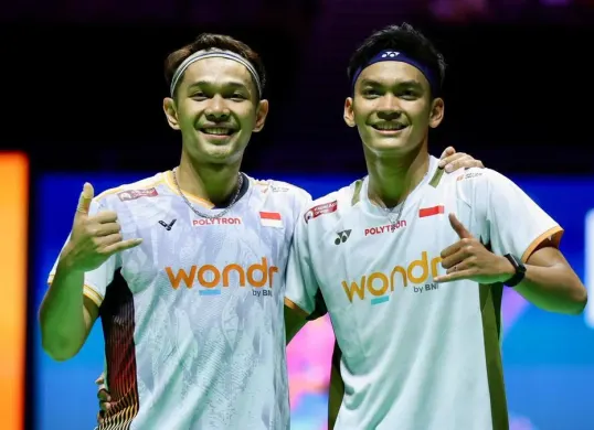 Pasangan ganda putra Fajar Alfian/Muhammad Shohibul Fikri di Singapore Open 2026. (Sumber: Dok. Istimewa)