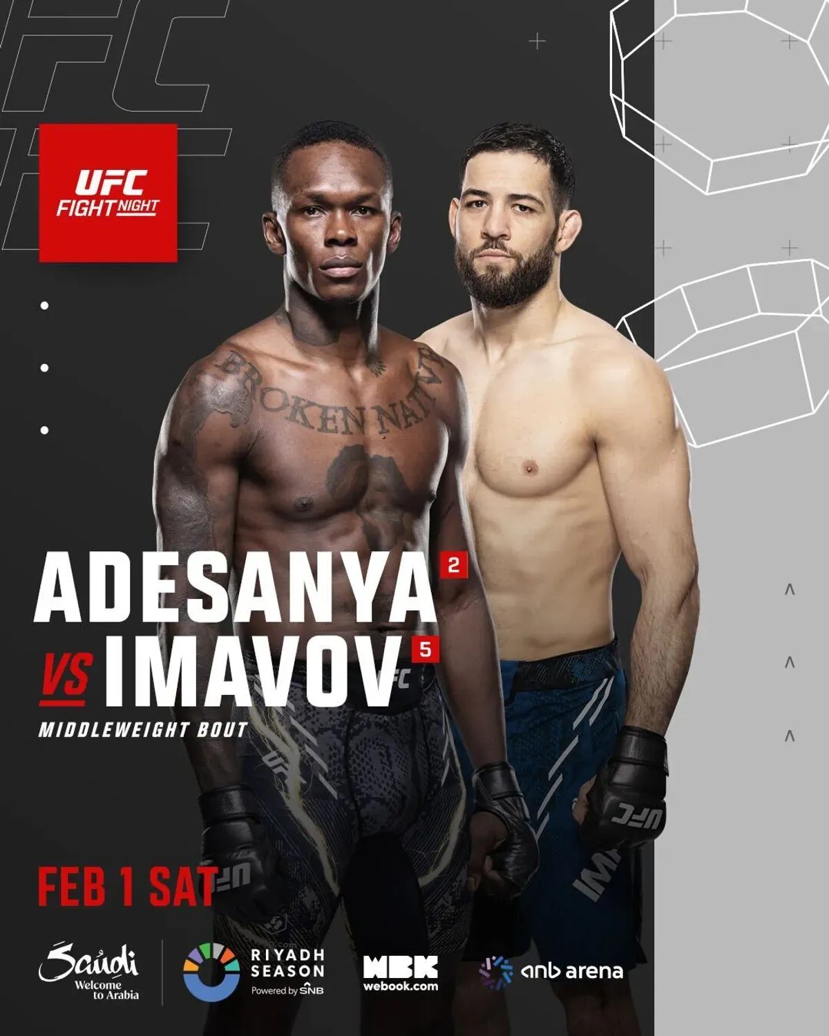 Promotor Ultimate Fighting Championship (UFC) resmi mengumumkan Duel Israel Adesanya melawan Nassourdine Imavov di Riyadh, Arab Saudi, pada 1 Februari 2025.  (Sumber: X: UFCEurope)