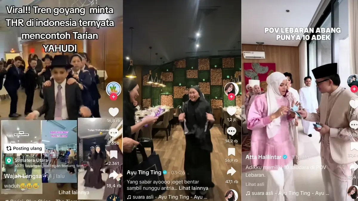 Tarian THR yang viral di TikTok dinilai oleh sejumlah warganet mirip dan mengikuti tarian Hora milik bangsa Yahudi. (Sumber: TikTok/@wajahlangsaa/@ayutingting/@attahalilintar)