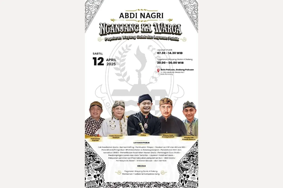 Poster kegiatan Abdi Nagri Nganjang ka Warga yang akan digelar di Bale Pakuan, Kota Bandung, pada Sabtu, 12 April 2025. Kegiatan ini menghadirkan layanan publik serta hiburan wayang golek empat dalang. (Sumber: Diskominfo Jabar)
