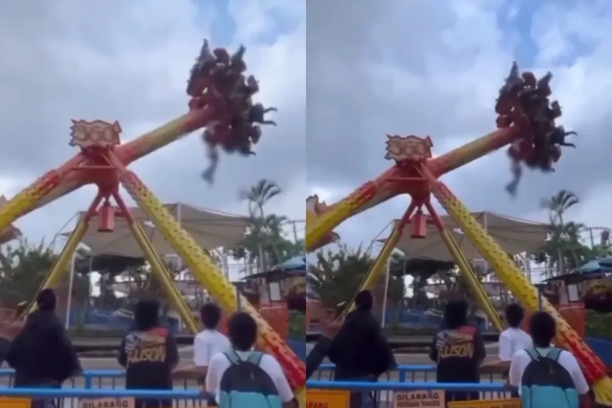 Momen tragis seorang remaja terjatuh dari wahana Pendulum 360 derajat di Jatim Park 1. (Sumber: Tangkap Layar Instagram/@funnelmedia)