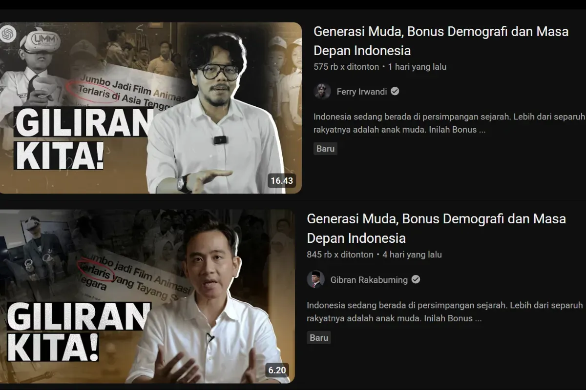 Perbandingan Thumbnail dua video Gibran Rakabuming dan Ferry Irwandi (Sumber: Youtube/Ferry Irwandi/Gibran Rakabuming)