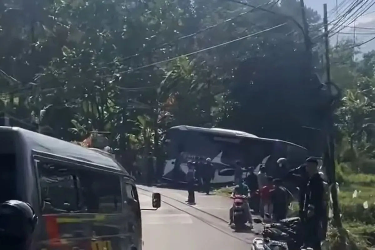 Bus pariwisata asal Tangerang terperosok di parit dekat persawahan, di Cisarua, Puncak Bogor, Jumat, 1 Agustus 2025. (Sumber: Dok. Istimewa)