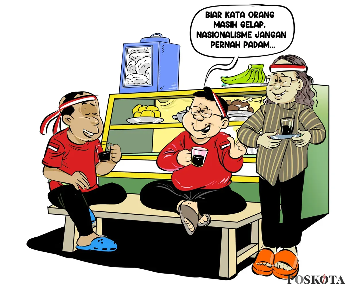Ilustrasi suasana obrolan hangat di warteg jelang perayaan HUT RI. Tiga sahabat berdiskusi soal semangat nasionalisme sambil menikmati kopi, dengan semangat kemerdekaan yang tetap menyala meski keadaan serba sederhana. (Sumber: Poskota/Arif Setiadi)