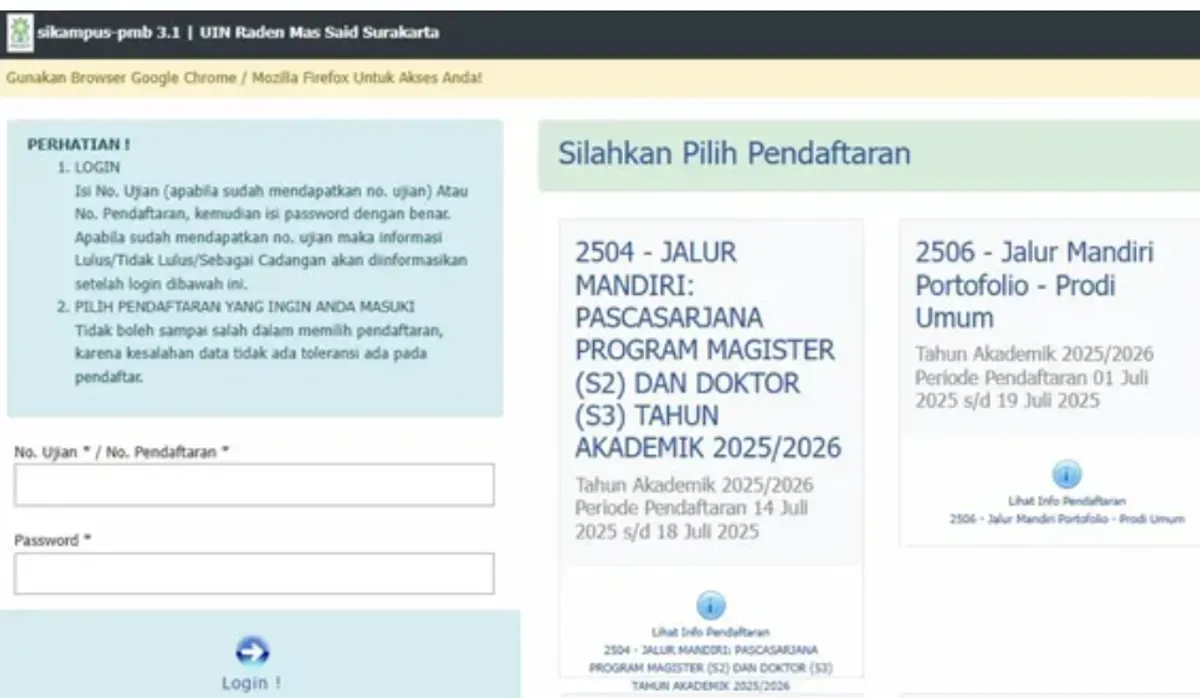 Simak pengumuman hasil seleksi mandiri Universitas Islam Negeri (UIN) Raden Mas Said Surakarta tahun 2025. (Sumber: siakad.uinsaid.ac.id)