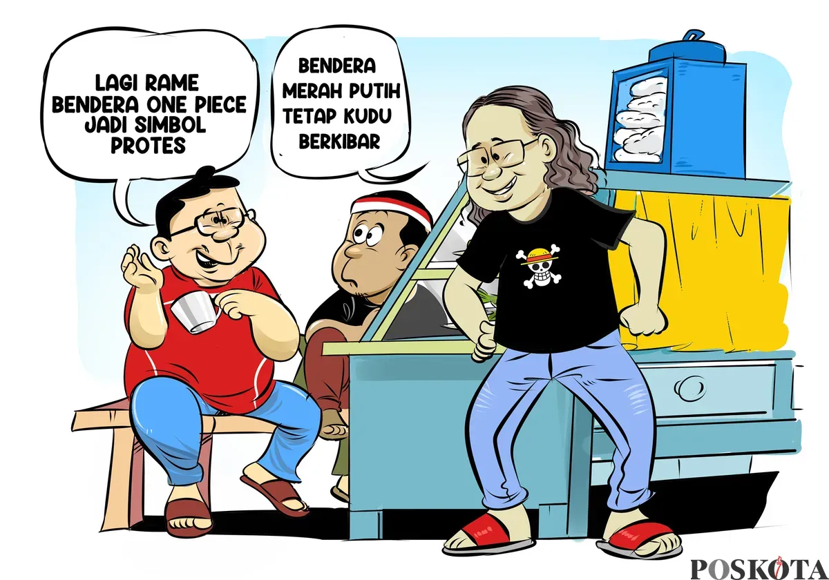 Tiga sahabat berdiskusi soal simbol bendera di warteg. Salah satunya mengenakan kaus bergambar bendera bajak laut ala One Piece, sementara yang lain menegaskan pentingnya Merah Putih tetap berkibar. (Sumber: Poskota/Arif Setiadi)