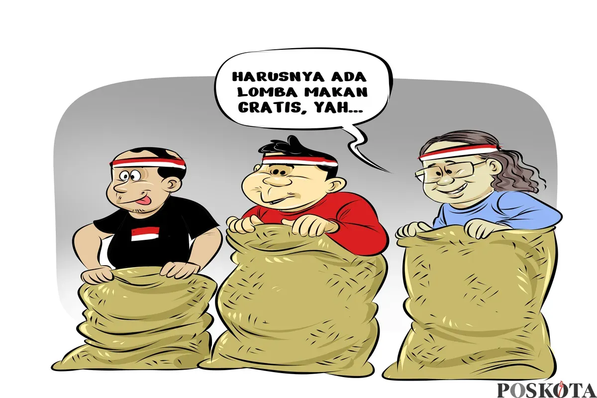 Ilustrasi tiga sahabat menjadi peserta lomba balap karung menyambut HUT ke-80 RI, salah satunya melontarkan candaan, “Harusnya ada lomba makan gratis, yah...” sebagai sindiran ringan atas realitas sosial masyarakat. (Sumber: Poskota/Arif Setiadi)