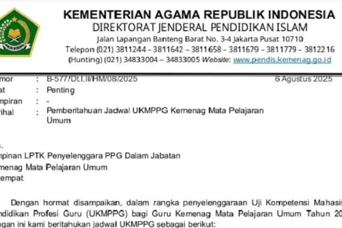 Tangkapan layar surat edaran UKMPPG Kemenag 2025. (Sumber: Didik Digital)