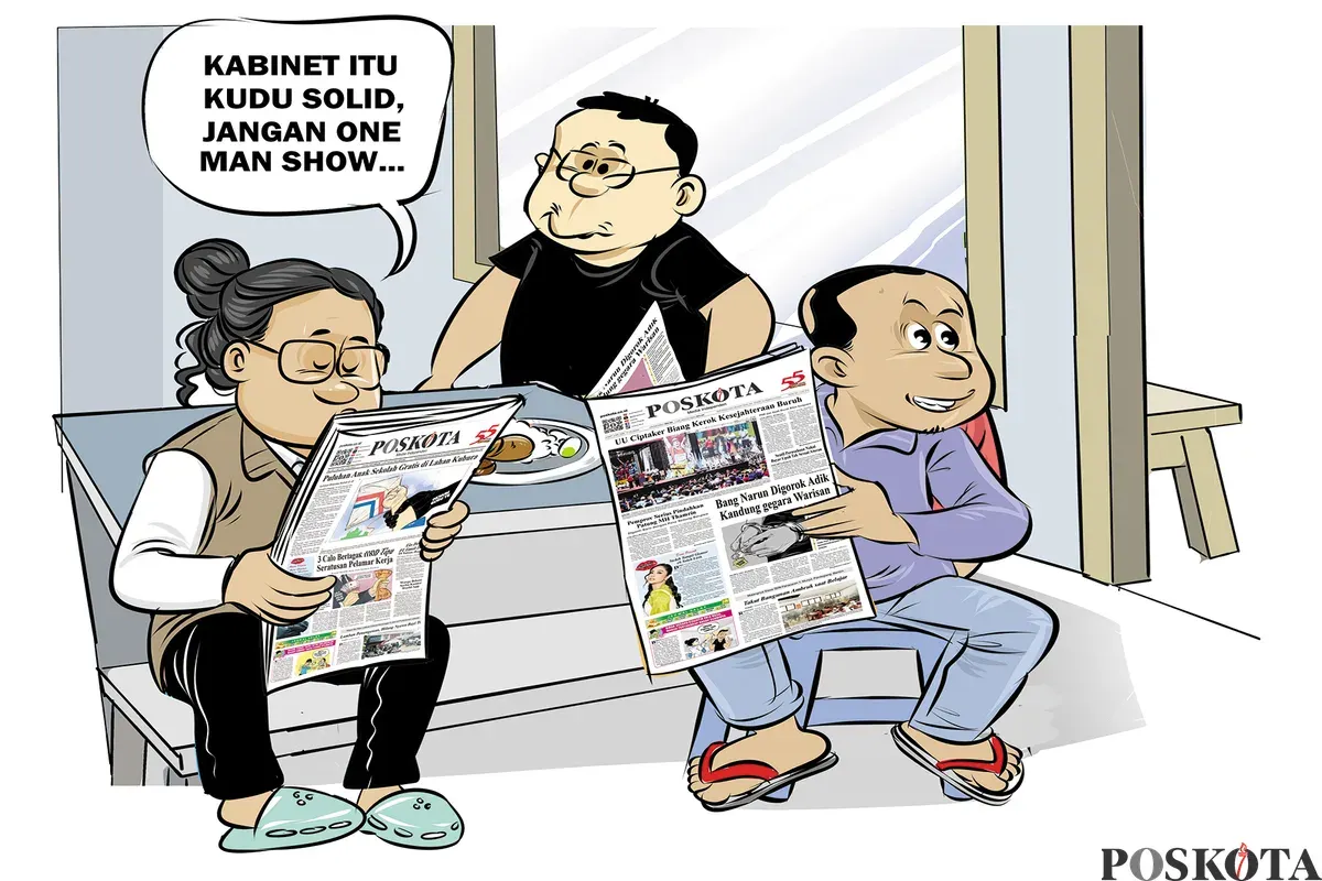 Ilustrasi obrolan warteg: Tiga sahabat membahas soliditas Kabinet Merah Putih. Salah satu dari mereka mengingatkan, "Kabinet itu kudu solid, jangan one man show…". (Sumber: Poskota/Arif Setiadi)