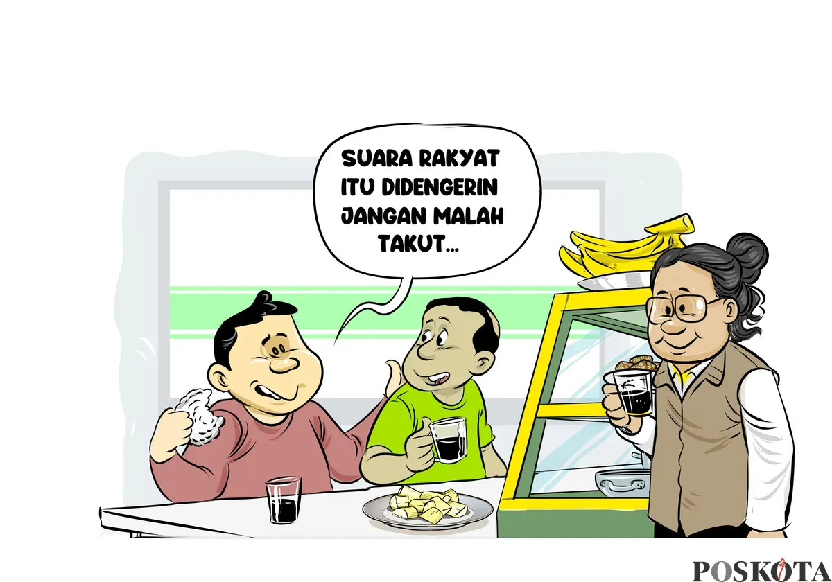 Ilustrasi obrolan warteg, warga menekankan pentingnya pemimpin mendengar suara rakyat. Pesan ini disampaikan sambil menikmati kopi dan kudapan sederhana. (Sumber: Poskota/Arif Setiadi)