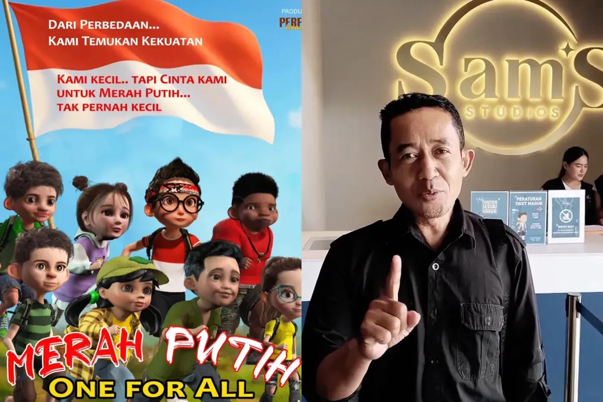 Potret poster film animasi Merah Putih One For All (kiri) dan sosok produser Toto Soegriwo (kanan). (Sumber: Instagram/totosoegriwo)