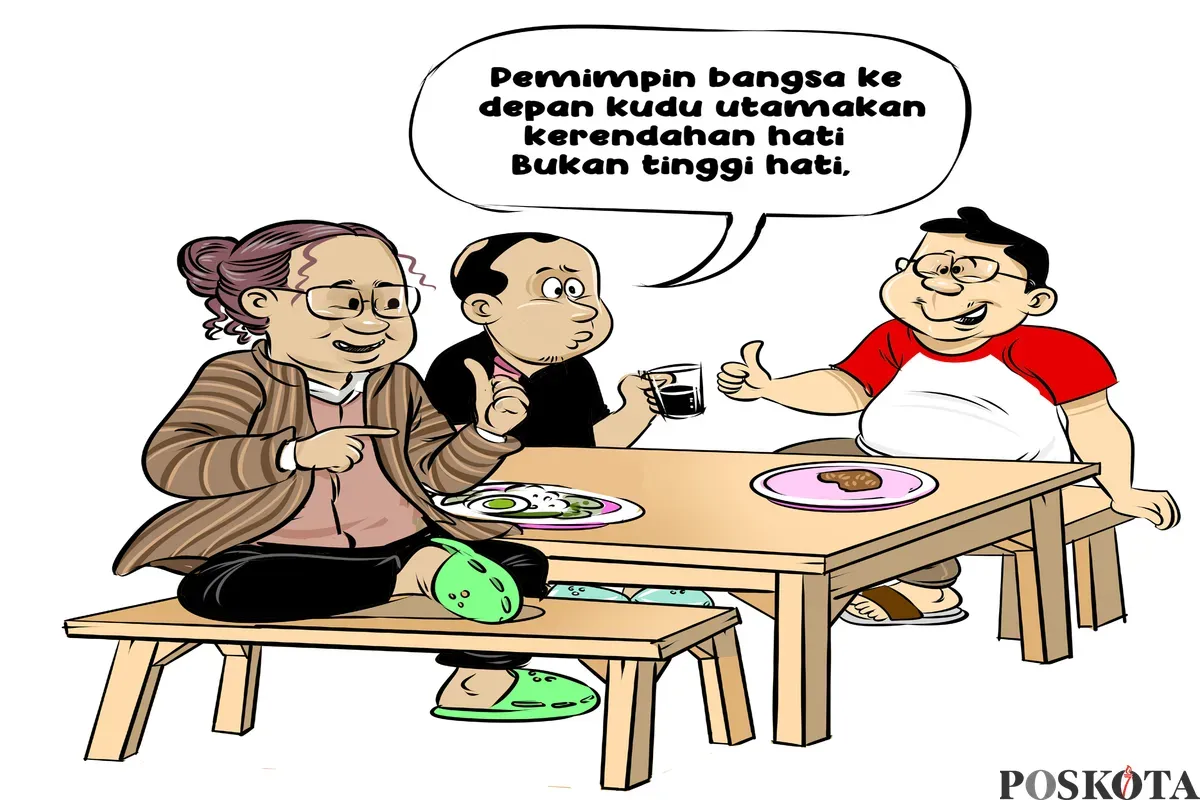 Tiga sahabat tengah berbincang di warteg, menekankan bahwa pemimpin bangsa ke depan harus mengutamakan kerendahan hati, bukan tinggi hati. (Sumber: Poskota/Arif Setiadi)